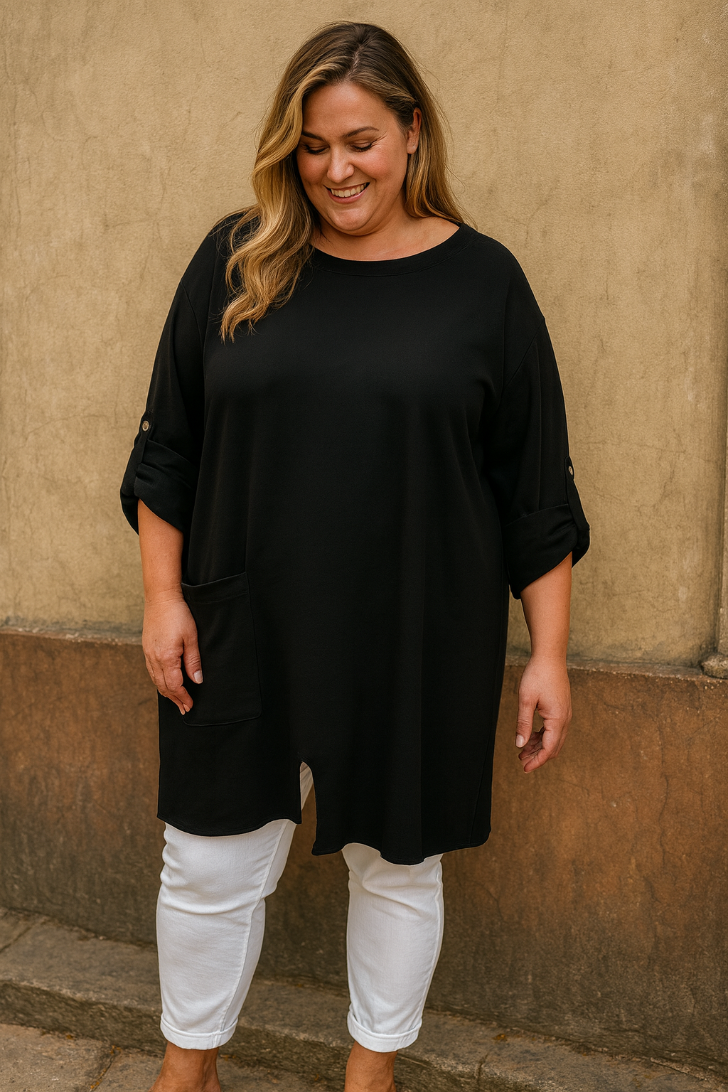 Pure Cotton Pocket Detail Button Sleeve Sari Top - Black