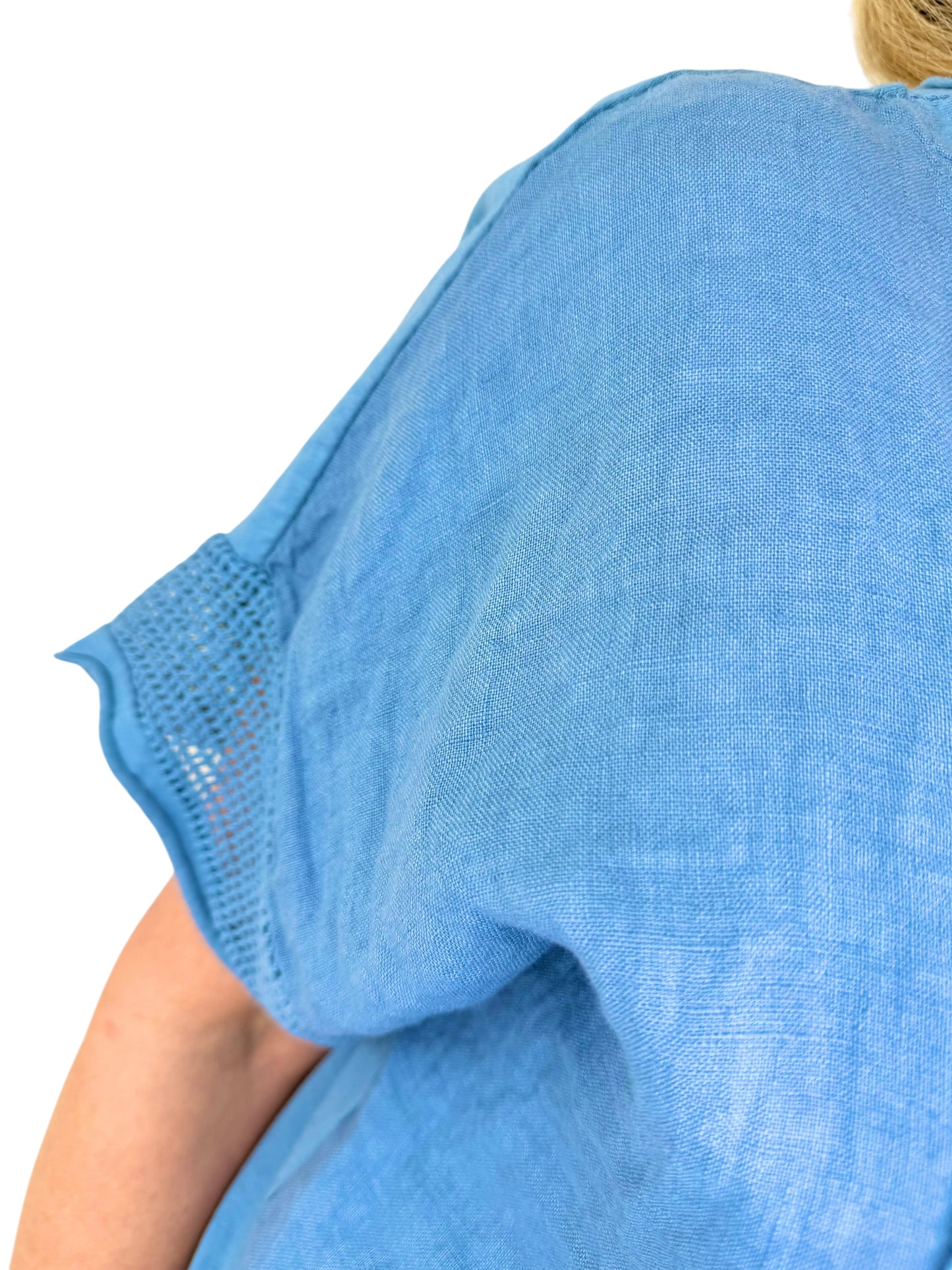 Linen Cotton Mix Sequin Heart Crochet Detail Daphne Top - Denim