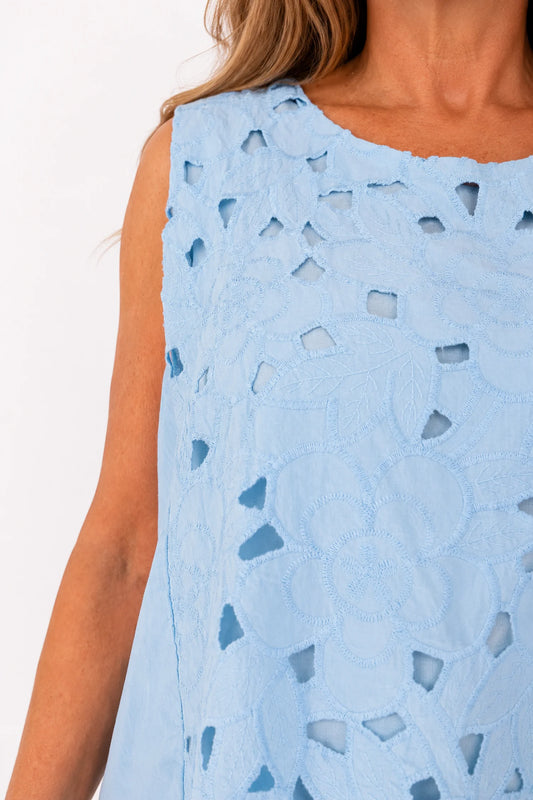 Pure Cotton Fully Lined Embroidery Anglaise Missi Vest - Light Denim