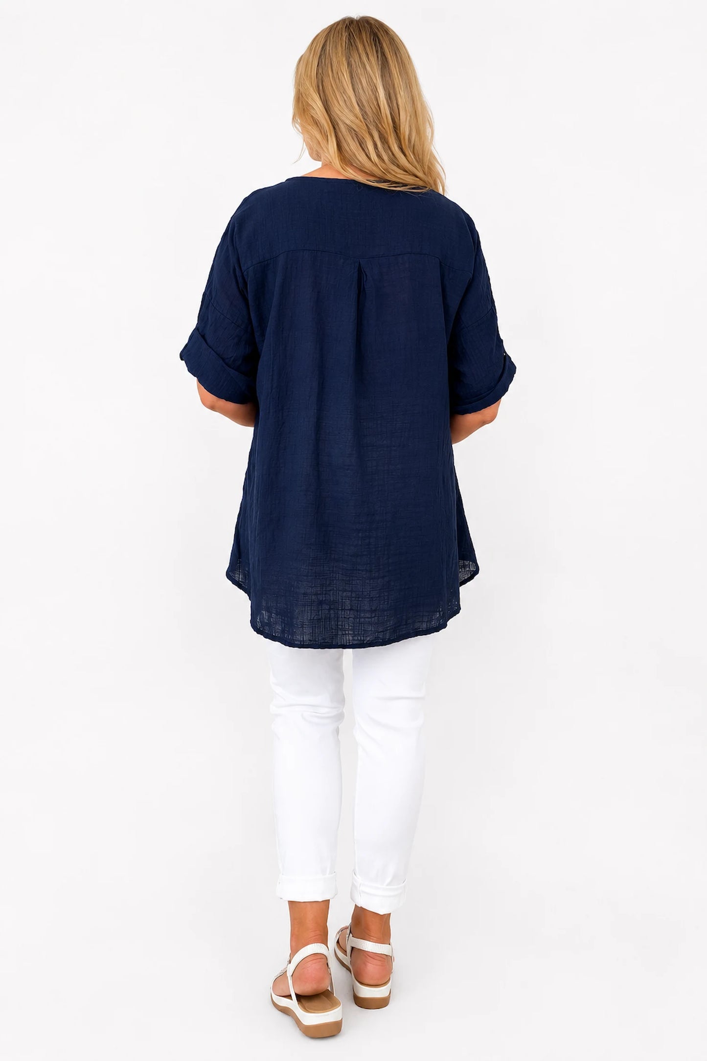Linen Look Pure Cotton Button Detail Pocket Venice Top - Navy