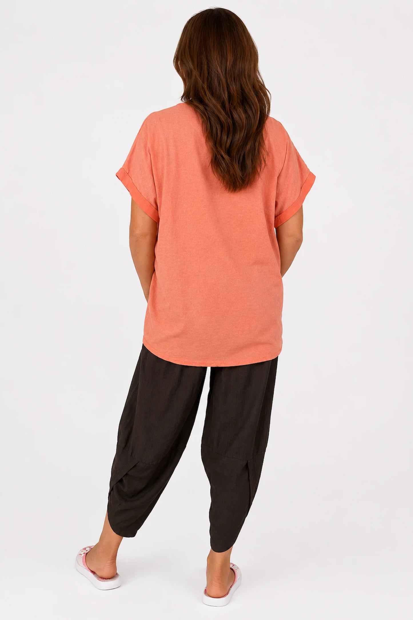 Linen Cotton Mix Diamanté Golden Leaf Carletta Top - Peach