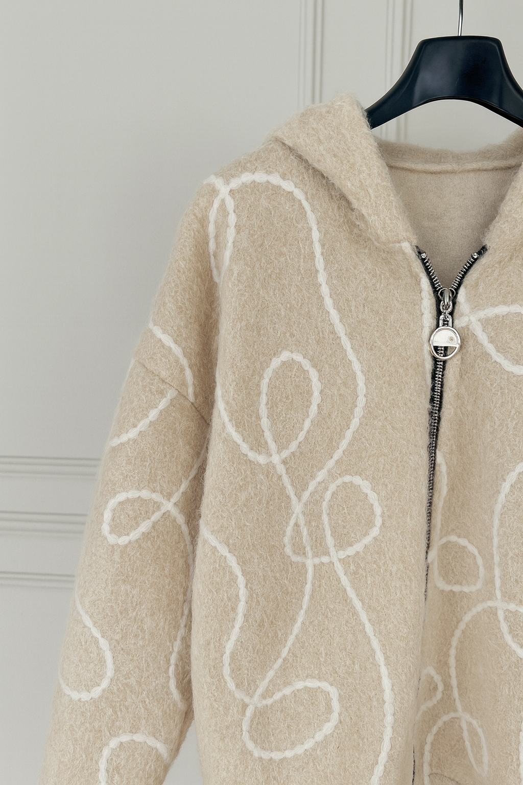 Wool Mix Embroidered Cara Double Pocket Zip Hooded Jacket - Beige