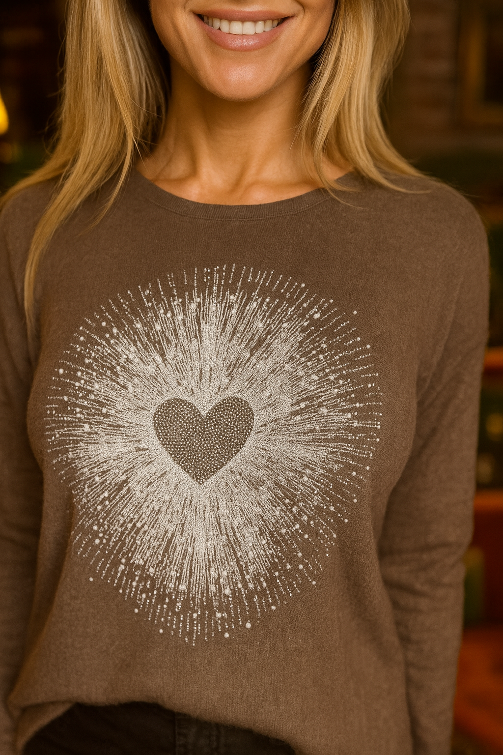 Luxury Soft Knit Diamanté Heart Arilla Jumper - Brown Sugar