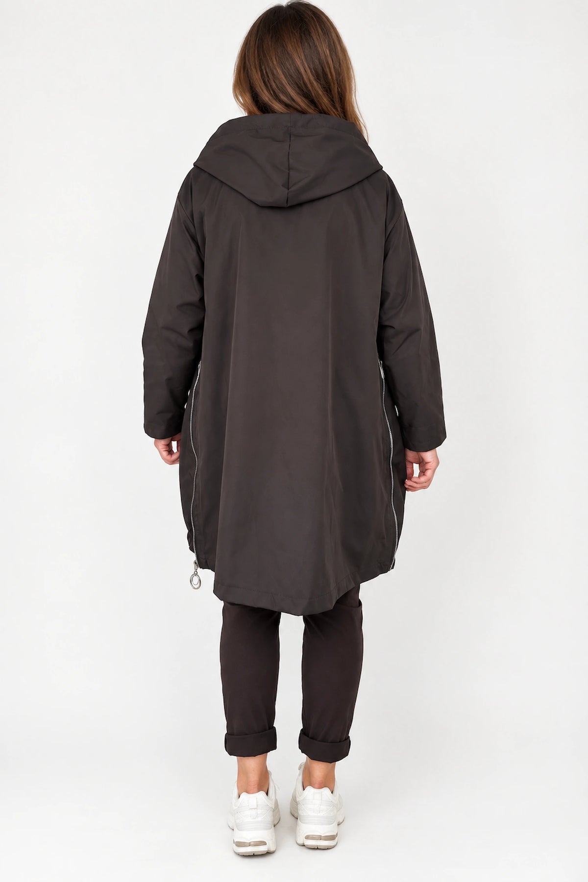 Double Pocket Badge Detail Adjustable Fit Side Zip Florenzi Lightweight Coat - Chocolate