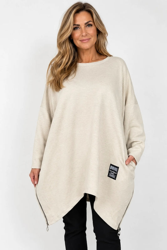 Zipped Hem Badge Detail Double Pocket Lorrie Top - Beige