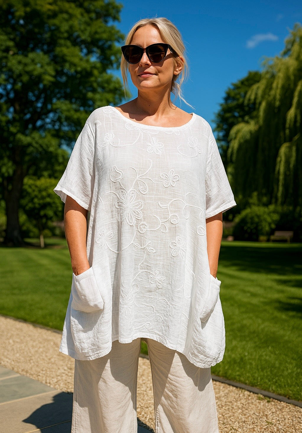 Pure Cotton Embroidery Anglaise Double Pocket Sofia Top - White