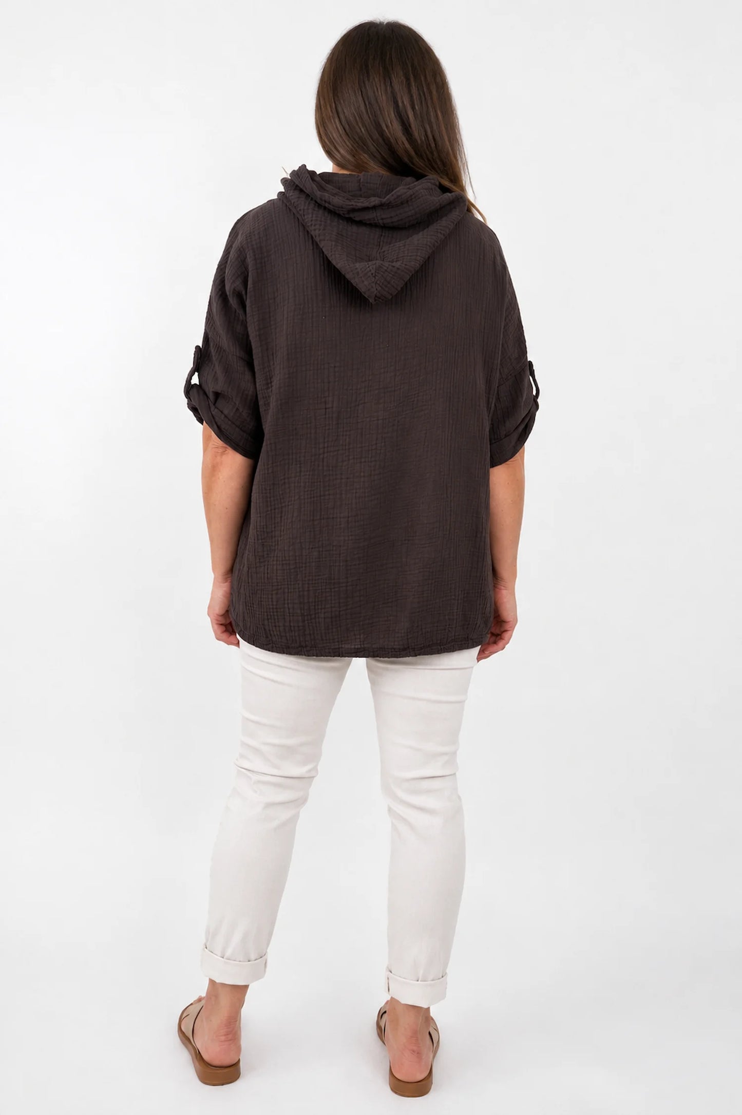Pure Bubble Cotton Button Sleeve Badge Detail Pocketed Zara Hoodie - Chocolate