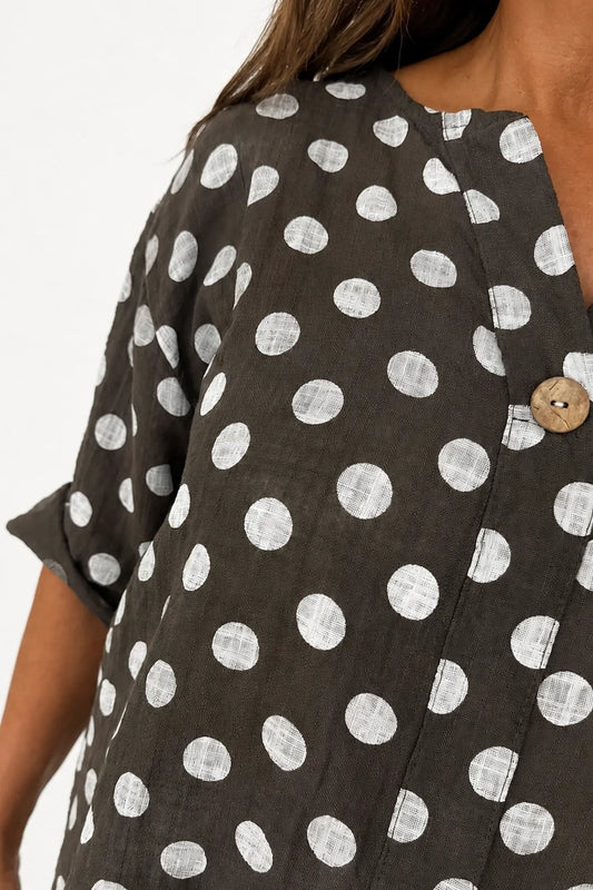 Pure Cotton Polka Dot Kara Button Shirt - Chocolate