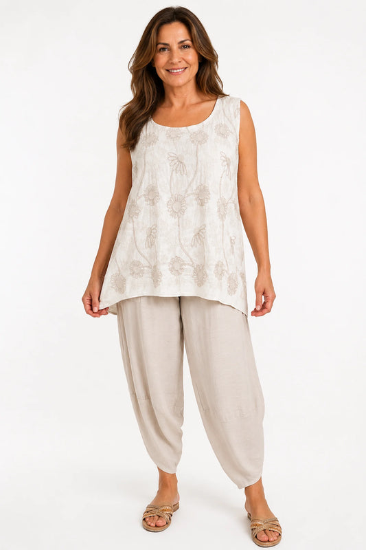Embroidery Anglaise Floral Golden Sequin Tuscany Vest - Stone