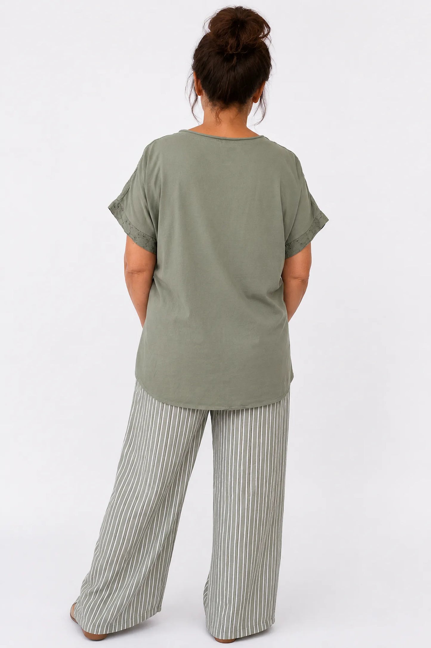 Pure Cotton Floral Embroidery Anglaise Clarissa Top - Khaki