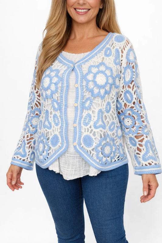Cotton Angela Crochet Button Cardigan - Baby Blue