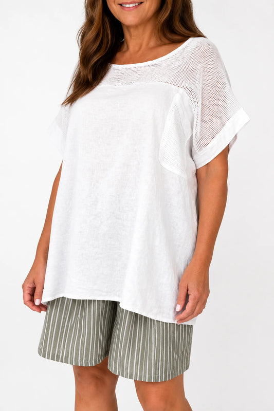 Linen Cotton Mix Mesh Detail Amalfi Pocket Top - White