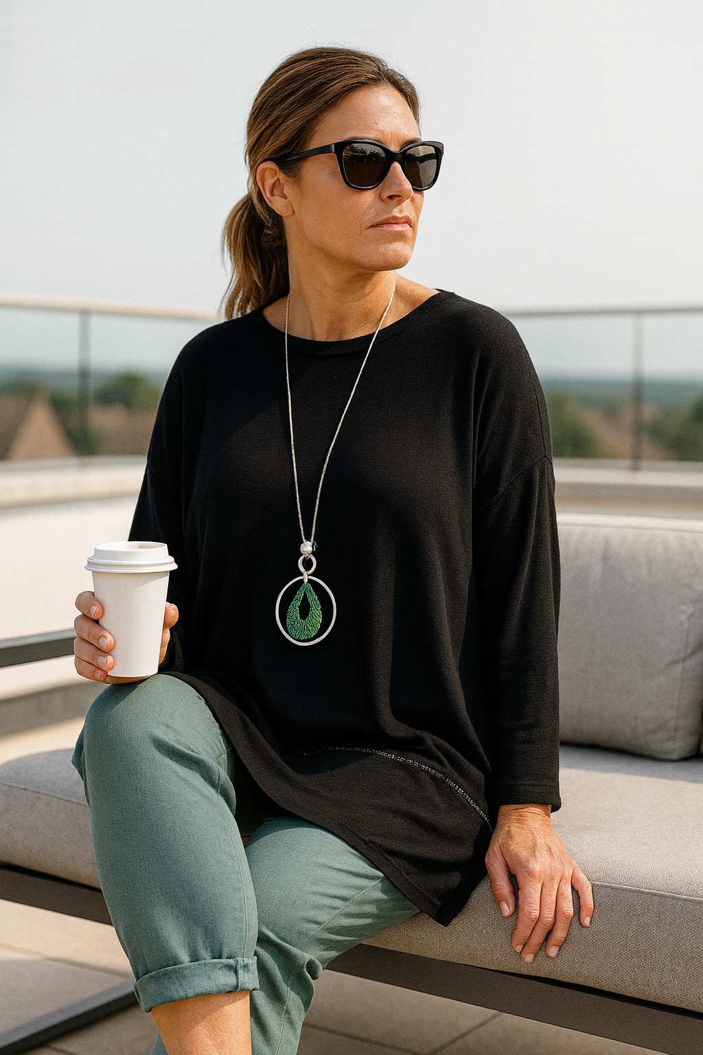 Soft Knit Silver Line Diana Necklace Top - Black