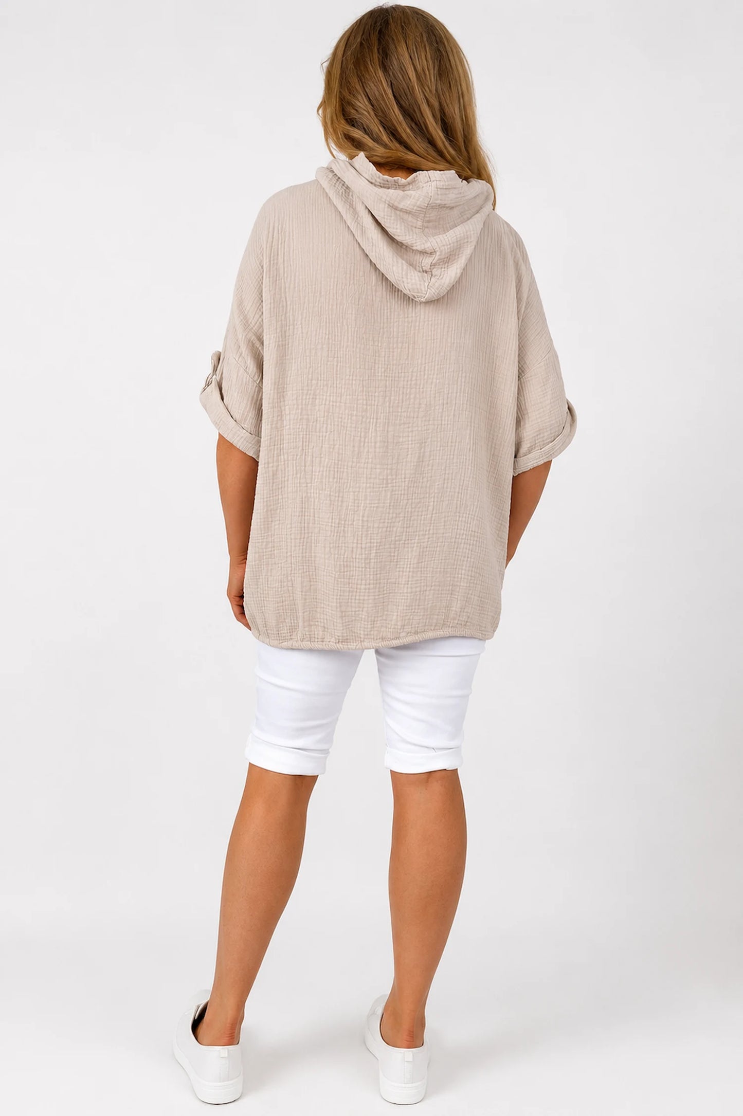 Pure Bubble Cotton Button Sleeve Badge Detail Pocketed Zara Hoodie - Beige
