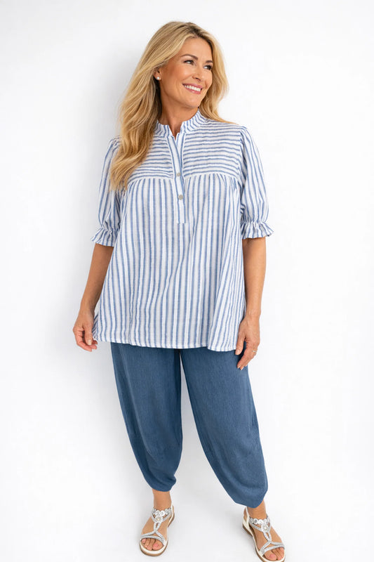 Pure Cotton Stripe Elasticated Cuff Riviera Button Shirt - Denim