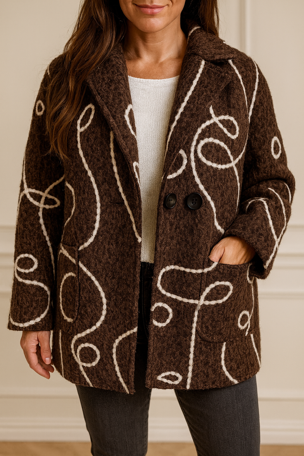 Embroidered Stitch Double Button Patch Pocket Maravella Jacket - Chocolate