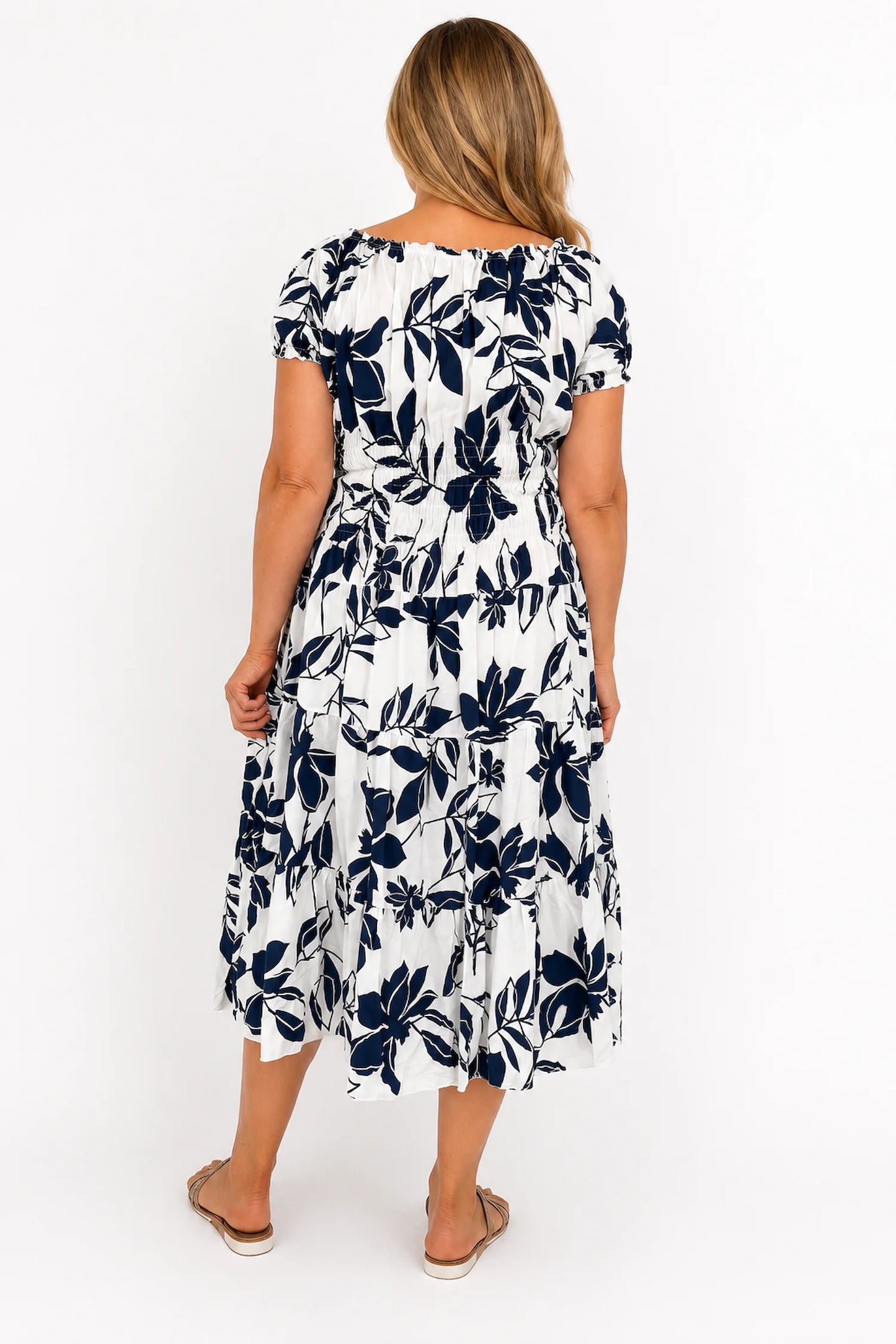 Cotton Button Detail Elasticated Waist Panel Floral Dasia Dress - Navy