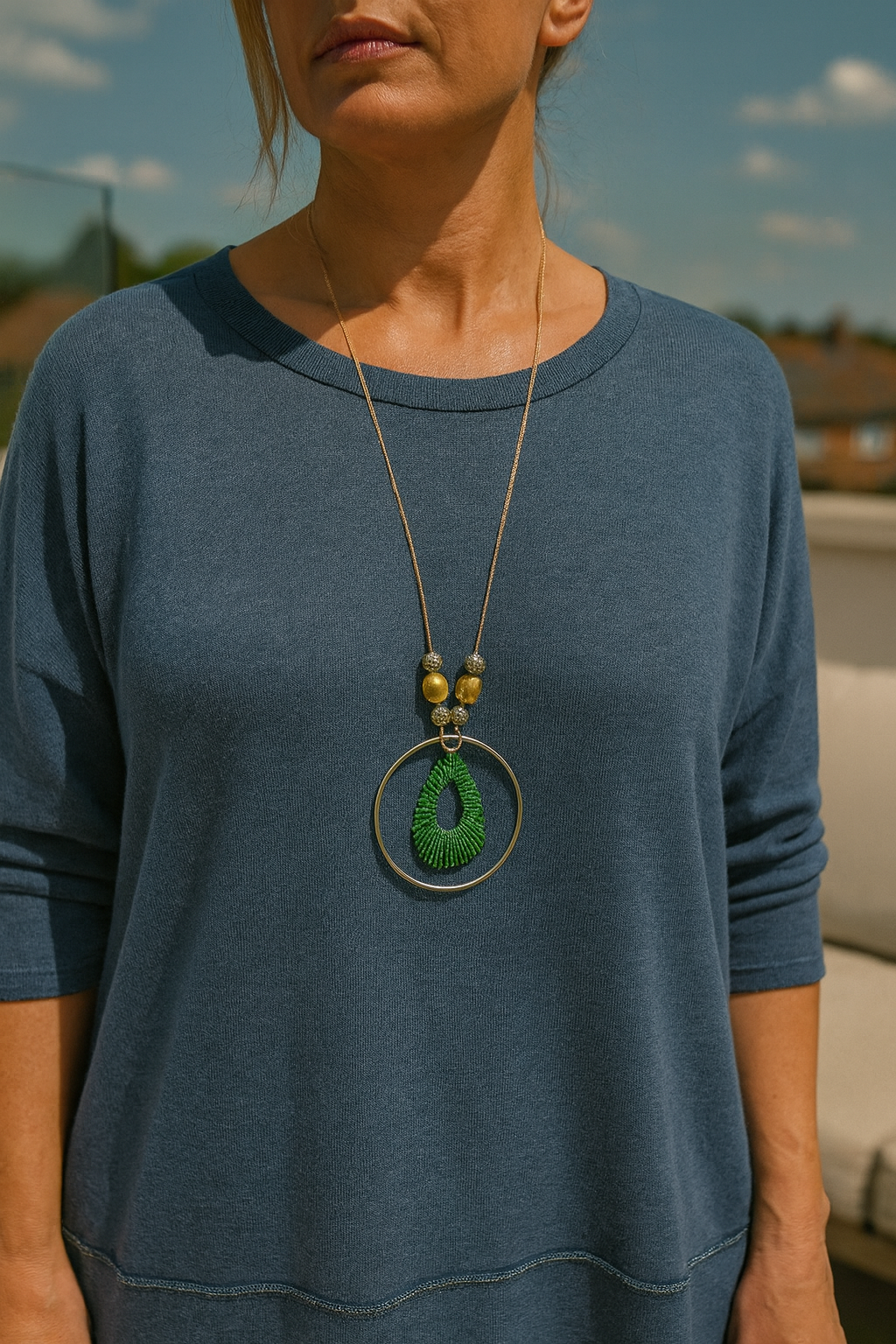 Soft Knit Silver Line Diana Necklace Top - Denim
