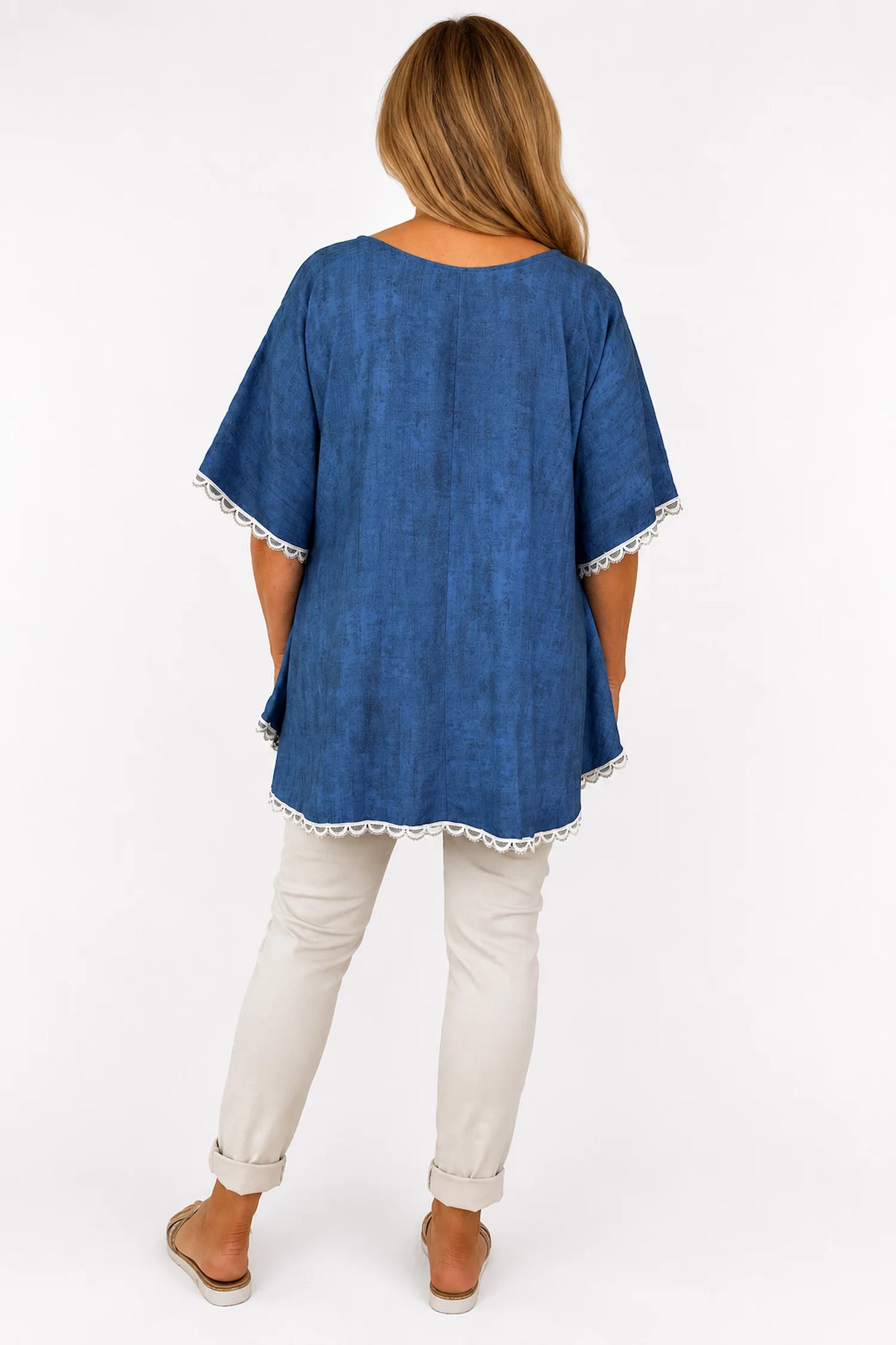 Lightly Textured Lace Trim Victoria Top - Washed Denim