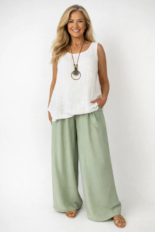Elasticated Smocked Waist Patch Pocket Milan Wide Leg Pants - Sage