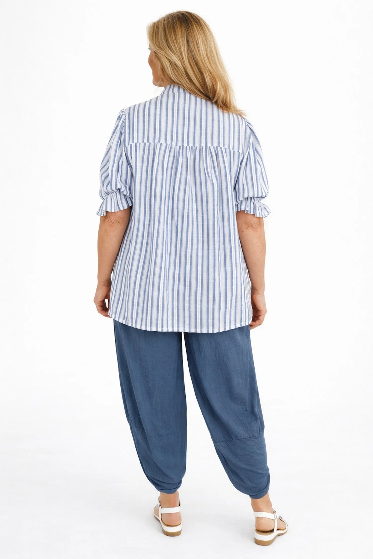 Pure Cotton Stripe Elasticated Cuff Riviera Button Shirt - Denim