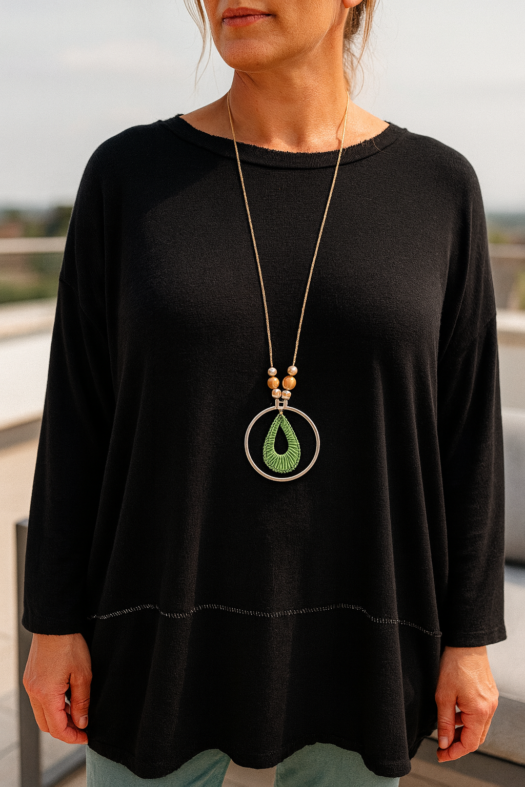 Soft Knit Silver Line Diana Necklace Top - Black
