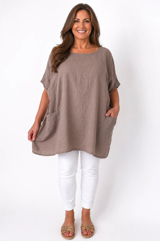 Pure Cotton Double Pocket Coté Tunic Top - Mocha