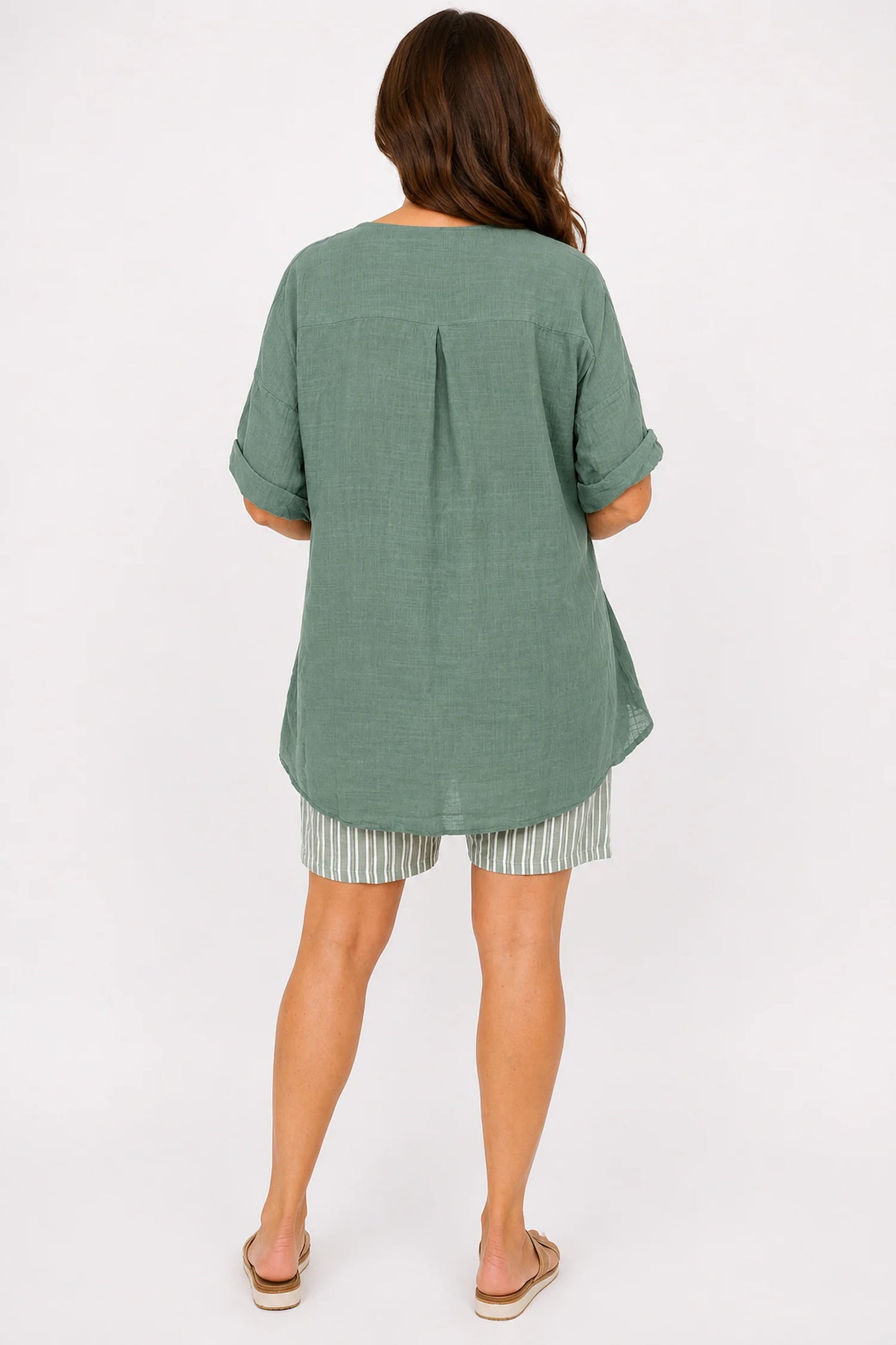 Linen Look Pure Cotton Button Detail Pocket Venice Top - Khaki