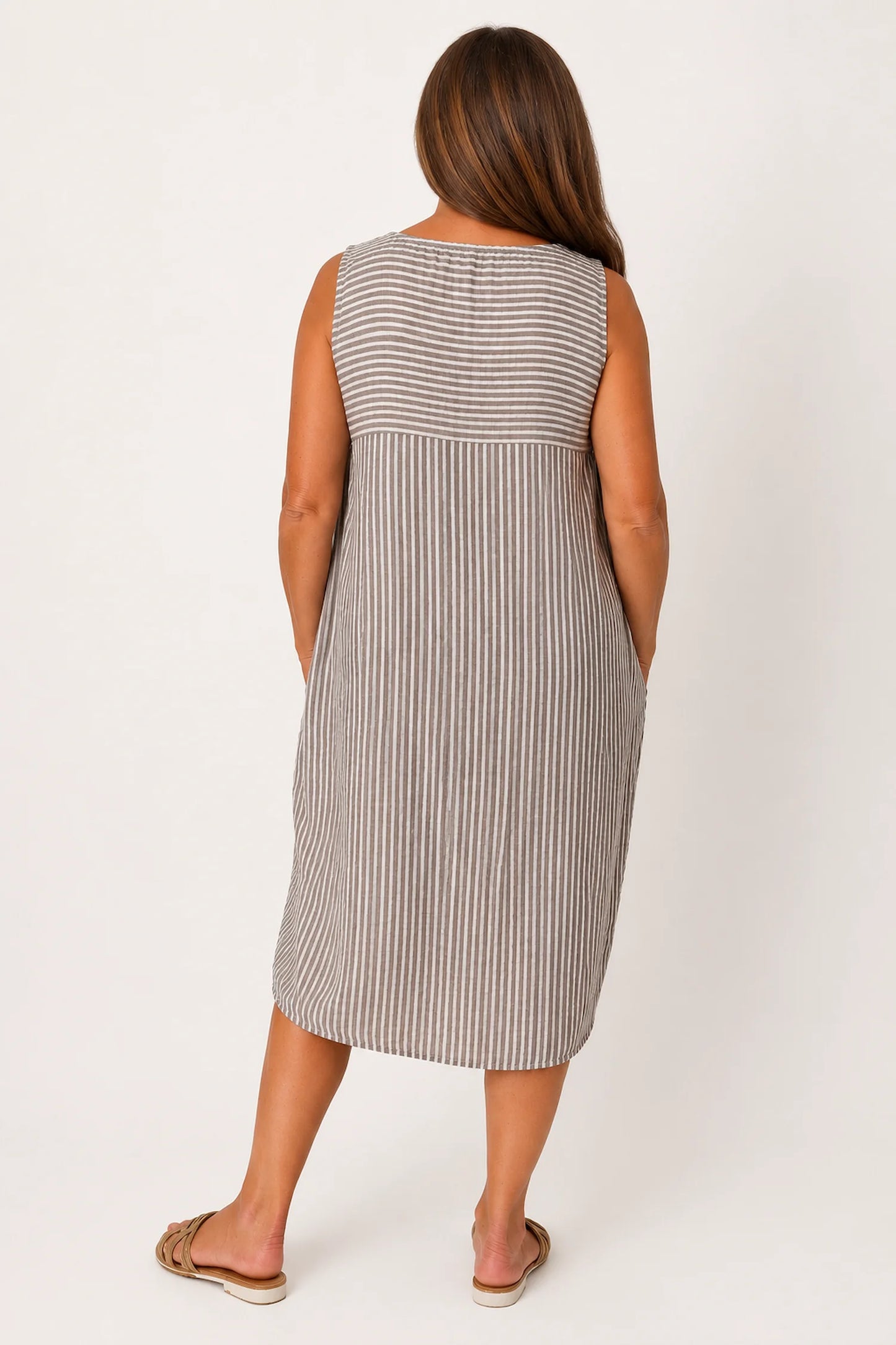 Cotton Double Pocket Pinstripe Elizabeth Dress - Mocha