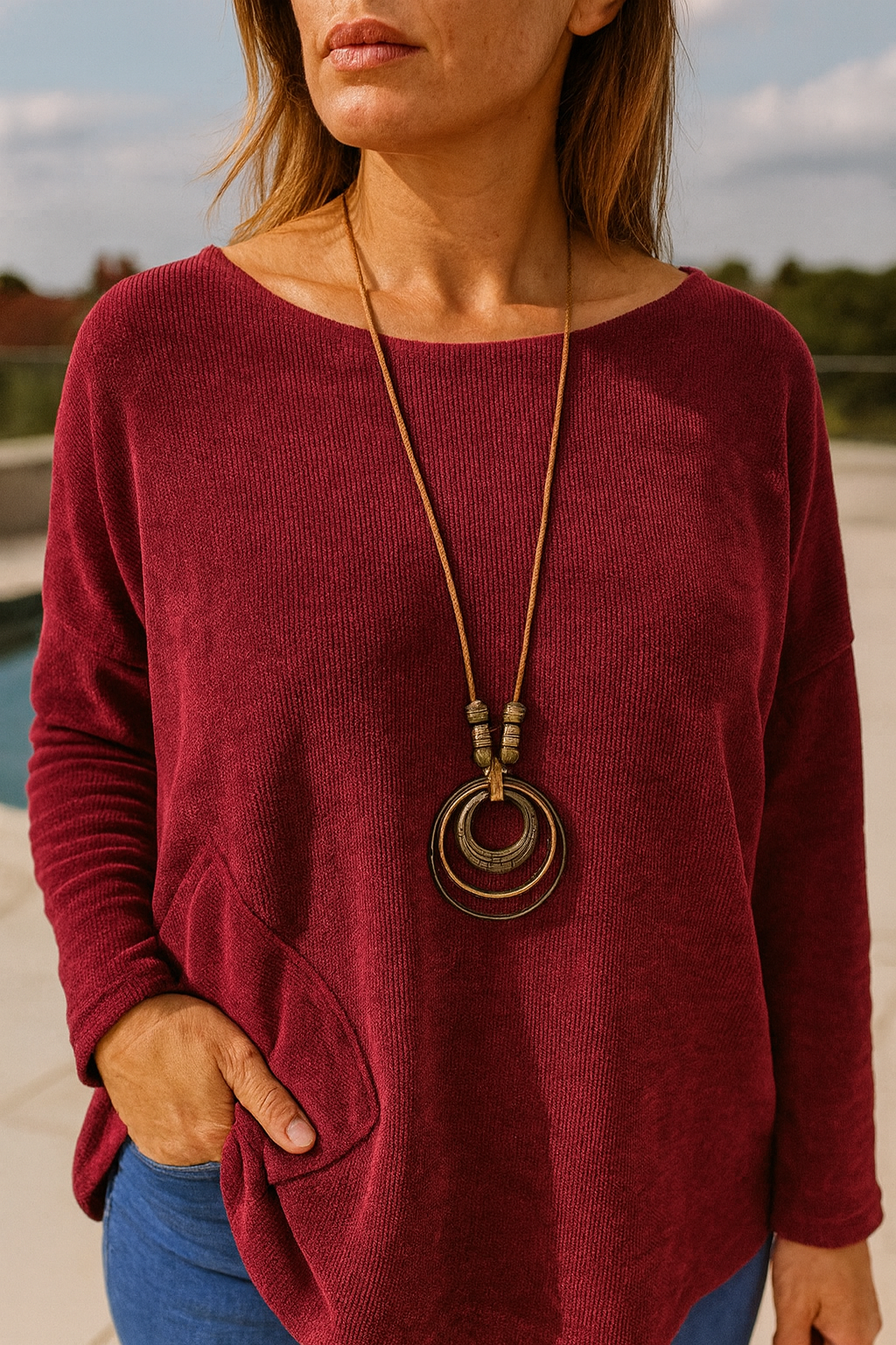 Chenille Paris Pocket Detail Necklace Top - Red Wine