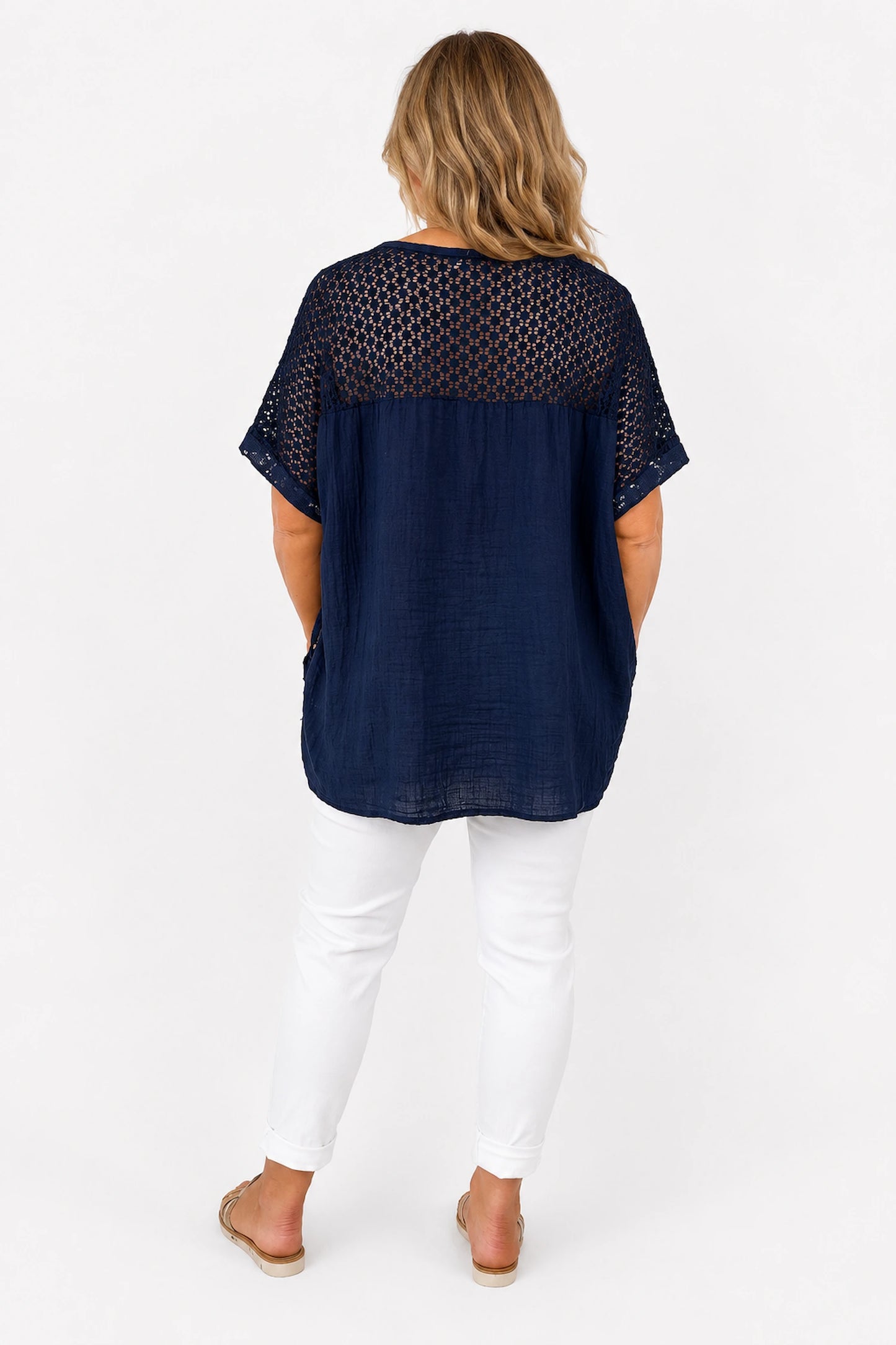 Cotton Crochet Detail Embroidery Anglaise Sequin Hem/Sleeve Selina Top - Navy