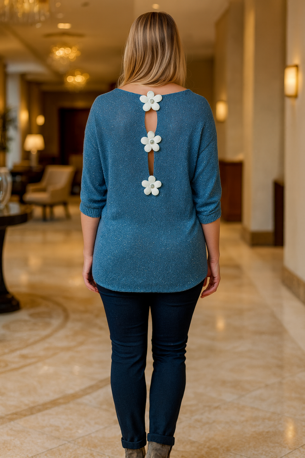 Flower Back Detail Sparkle Knit Batwing Rosewood Top - Denim
