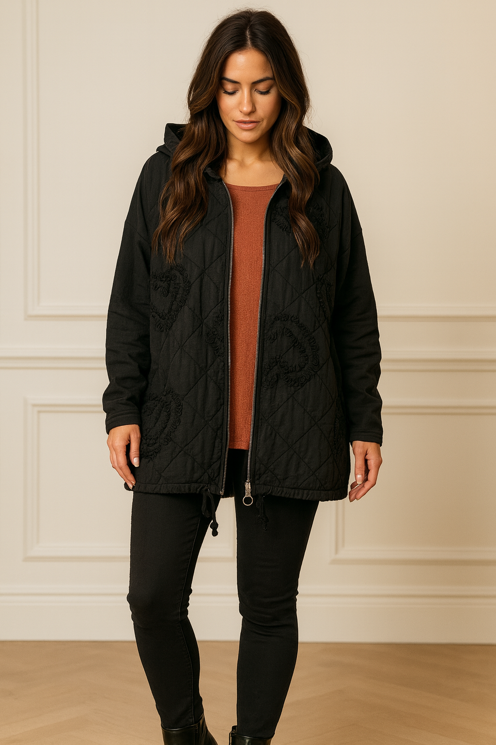 Cotton Embroidered Heart Amélie Hooded Jacket - Black