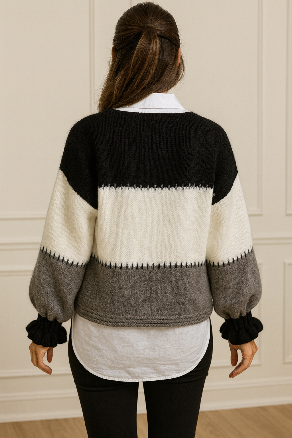 Premium Knit Gold Button Vitala Cardigan - Black/Cream/Grey