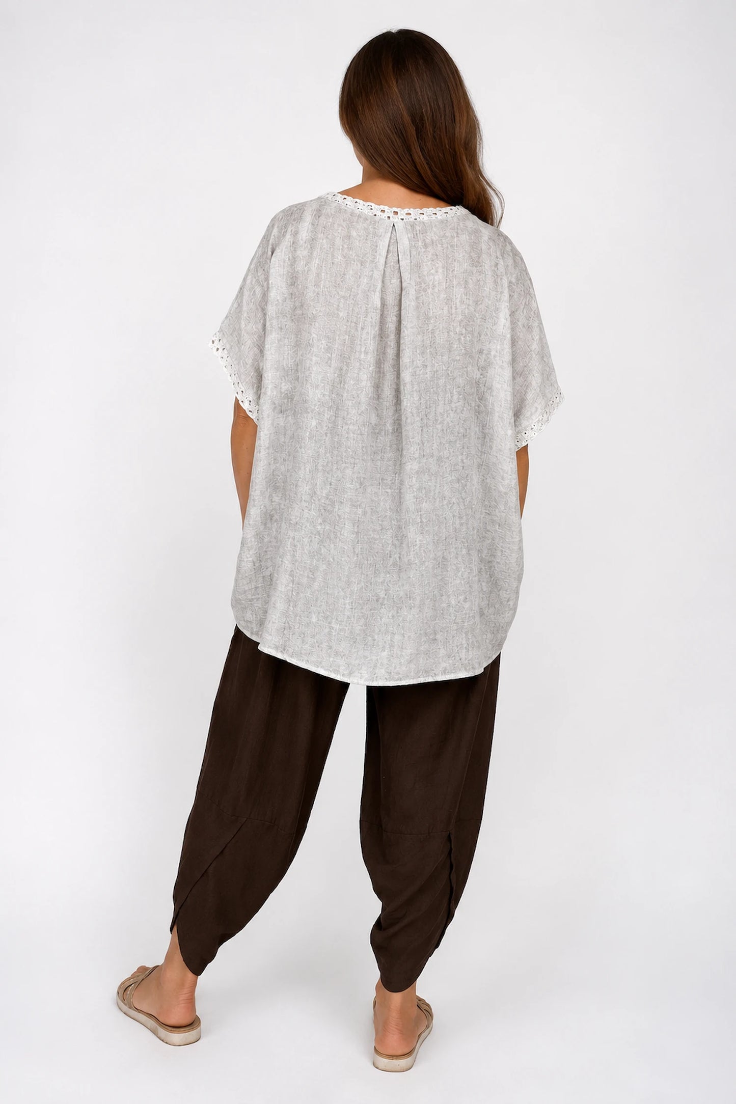 Crochet Lattice Trim Lightly Textured Marsi Top - Washed Stone