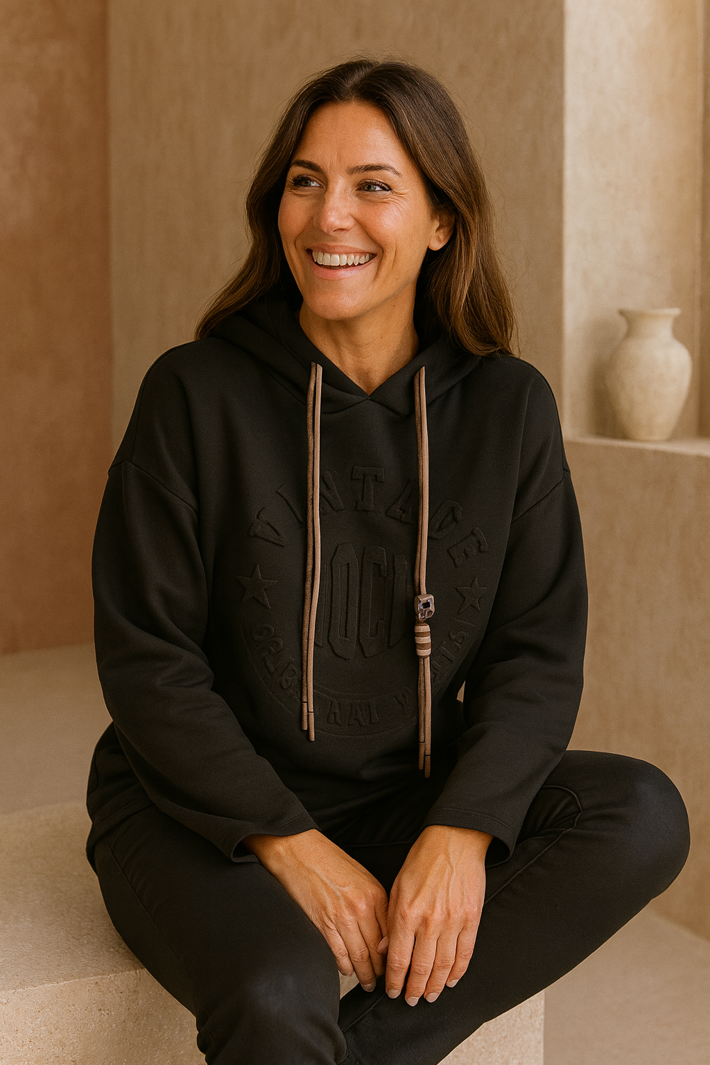 Vintage Embossed Double Drawstring Lightweight Hoodie - Black