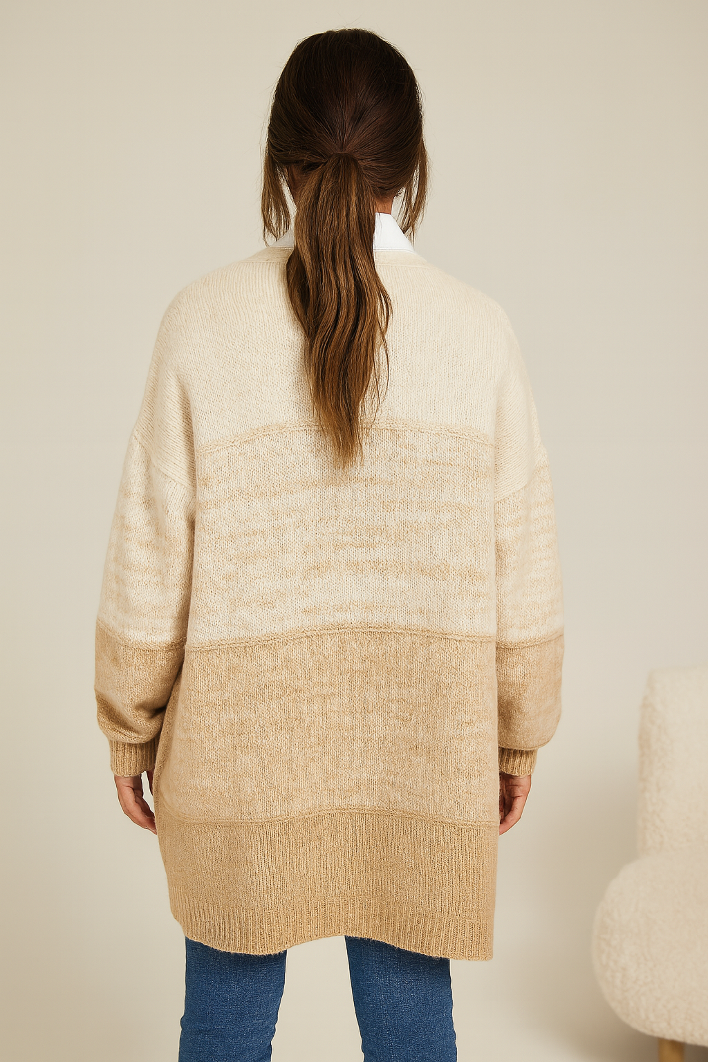 Wool Mix Double Pocket Oxford Cardigan - Beige