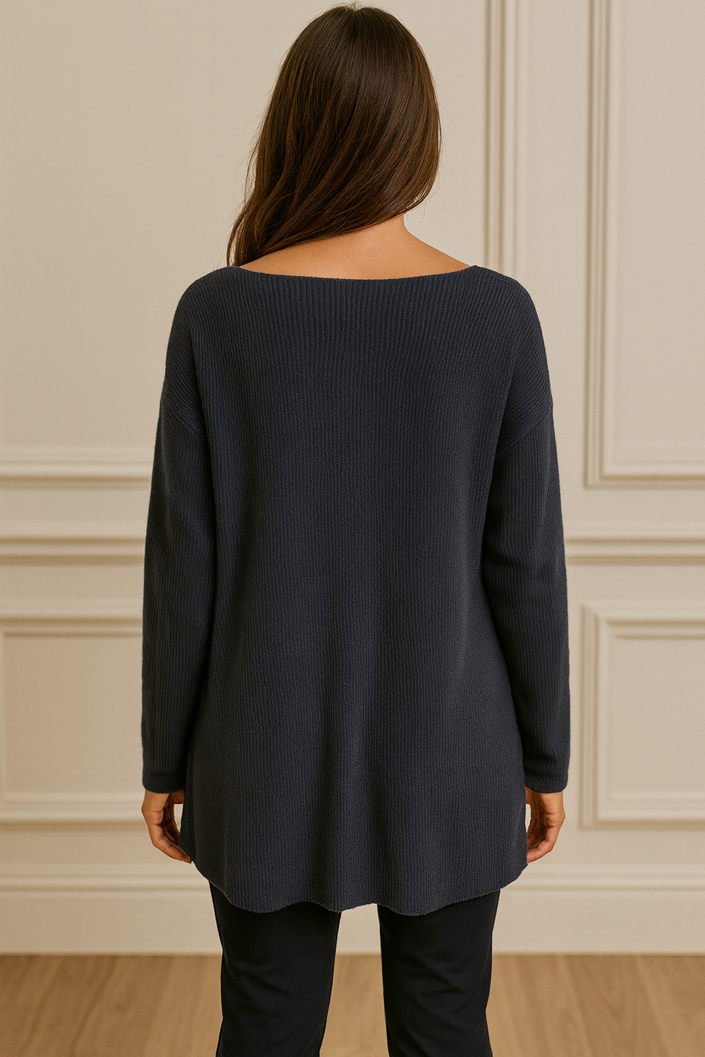 Wool Mix Ribbed Knit Marcela Necklace Top - Navy