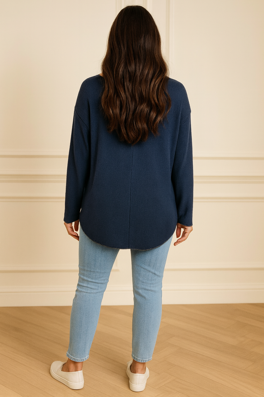 Ribbed Knit Silver Lining Veronica Necklace Top - Navy