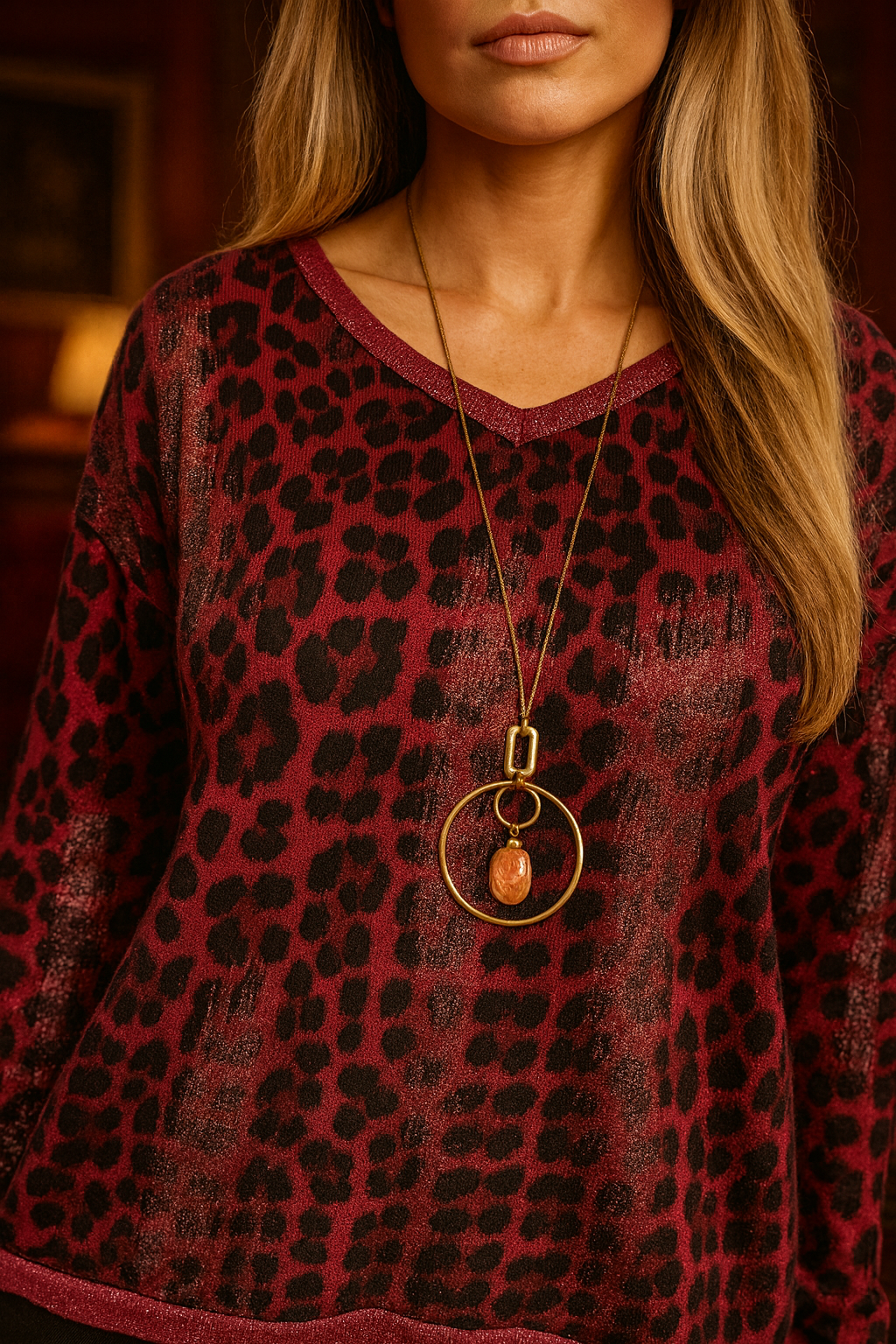 Shimmer Dash Sparkle Neck and Hem Leopard Erika Necklace Top - Frosted Cherry