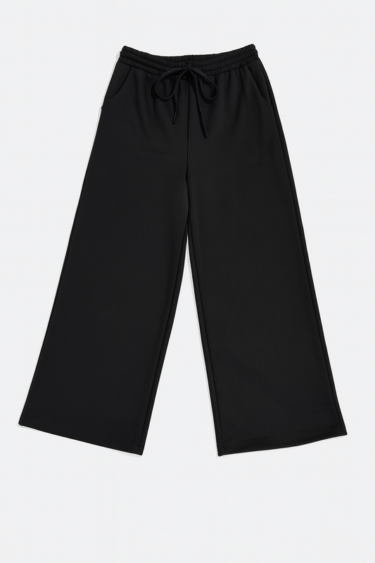 Capri Elasticated Waist Double Pocket Wide Leg Stretch Pant - Black