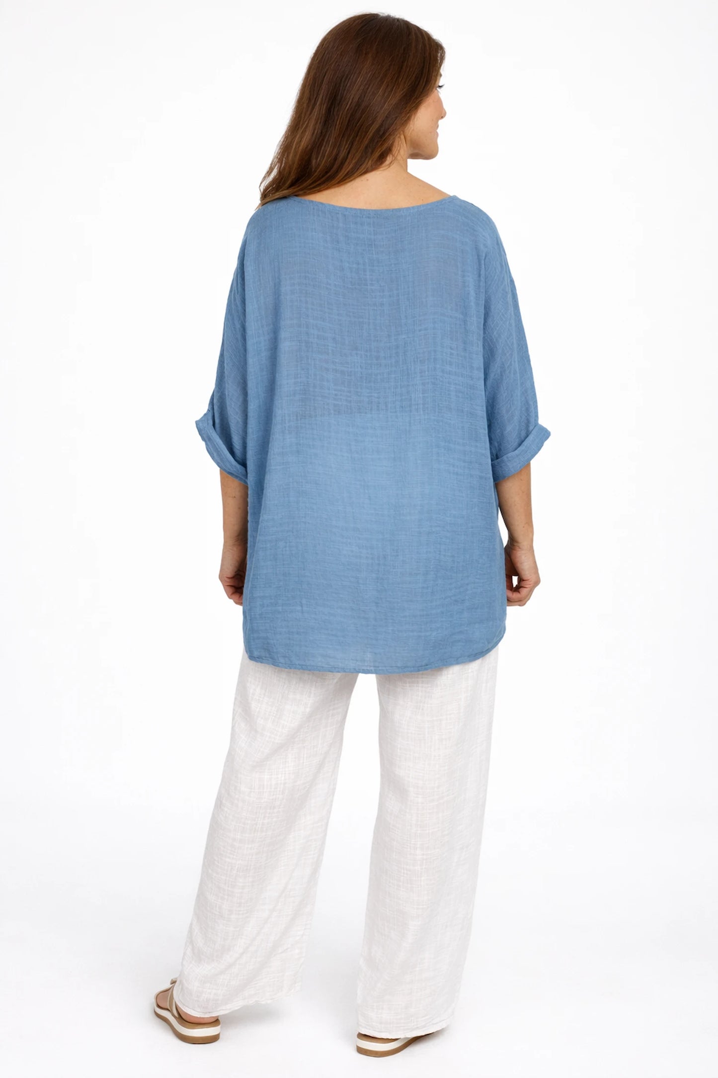 Pure Cotton Linen Look Italia Necklace Top - Denim