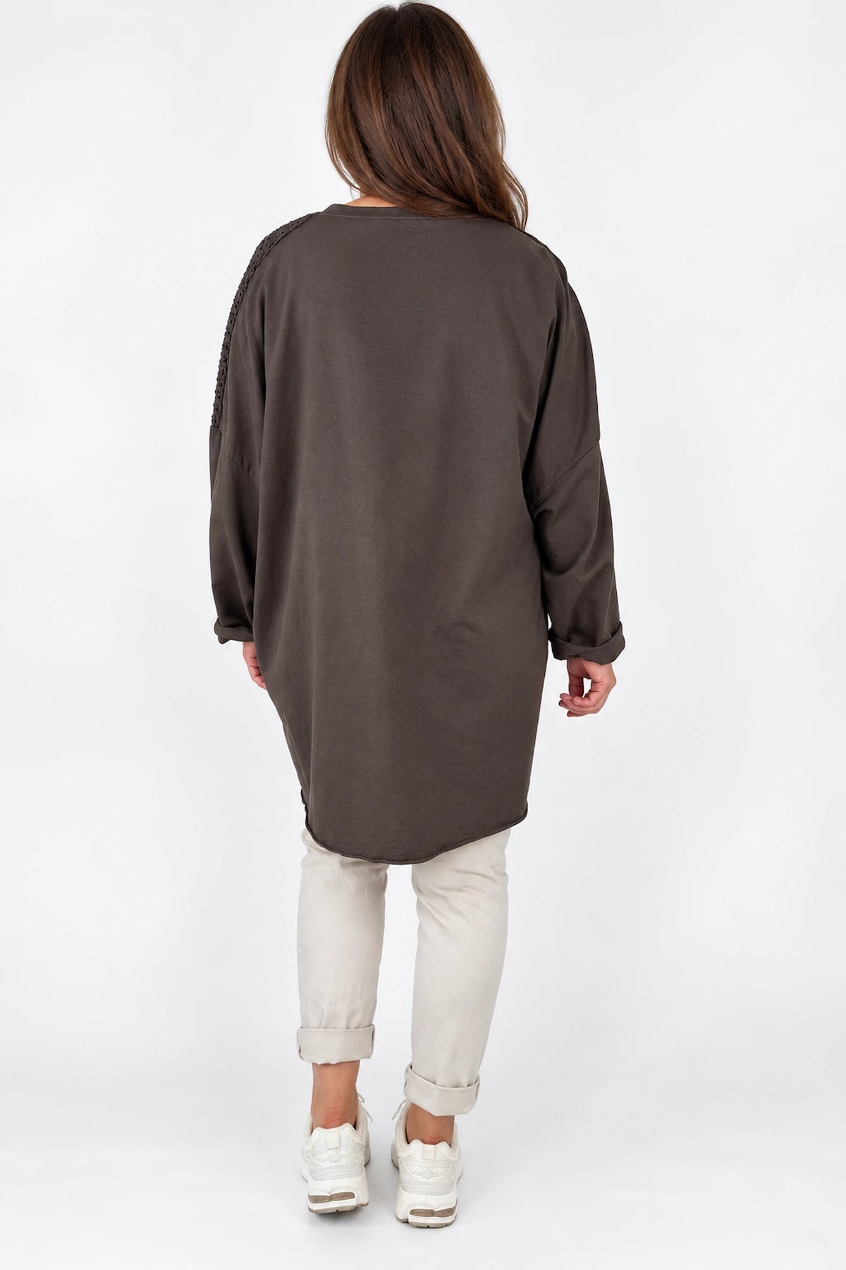Cotton Raw Edge Hem Embroidery Anglaise Detail Crochet Shoulder Bellia Pocket Top - Chocolate