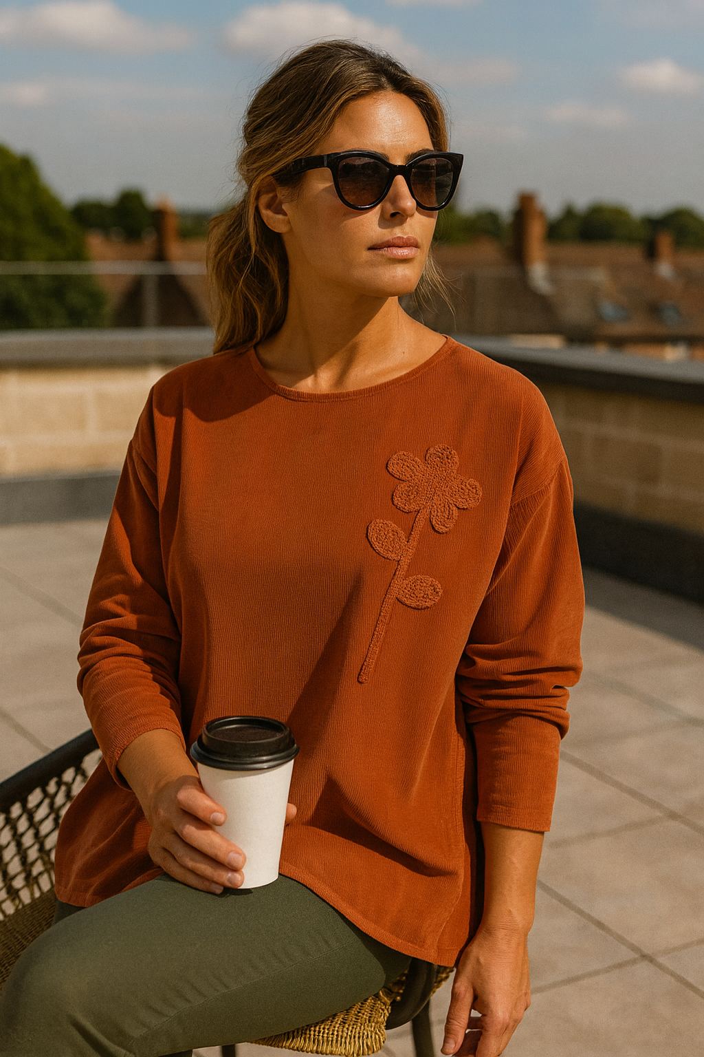 Pure Cotton Needlecord Flower Stitch Arabella Top - Burnt Orange