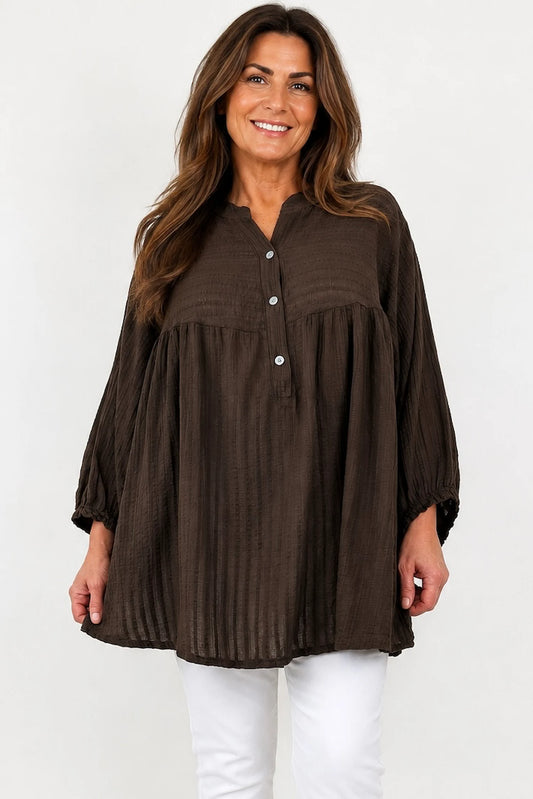 Pure Cotton Elasticated Sleeve Venice Button Shirt - Chocolate
