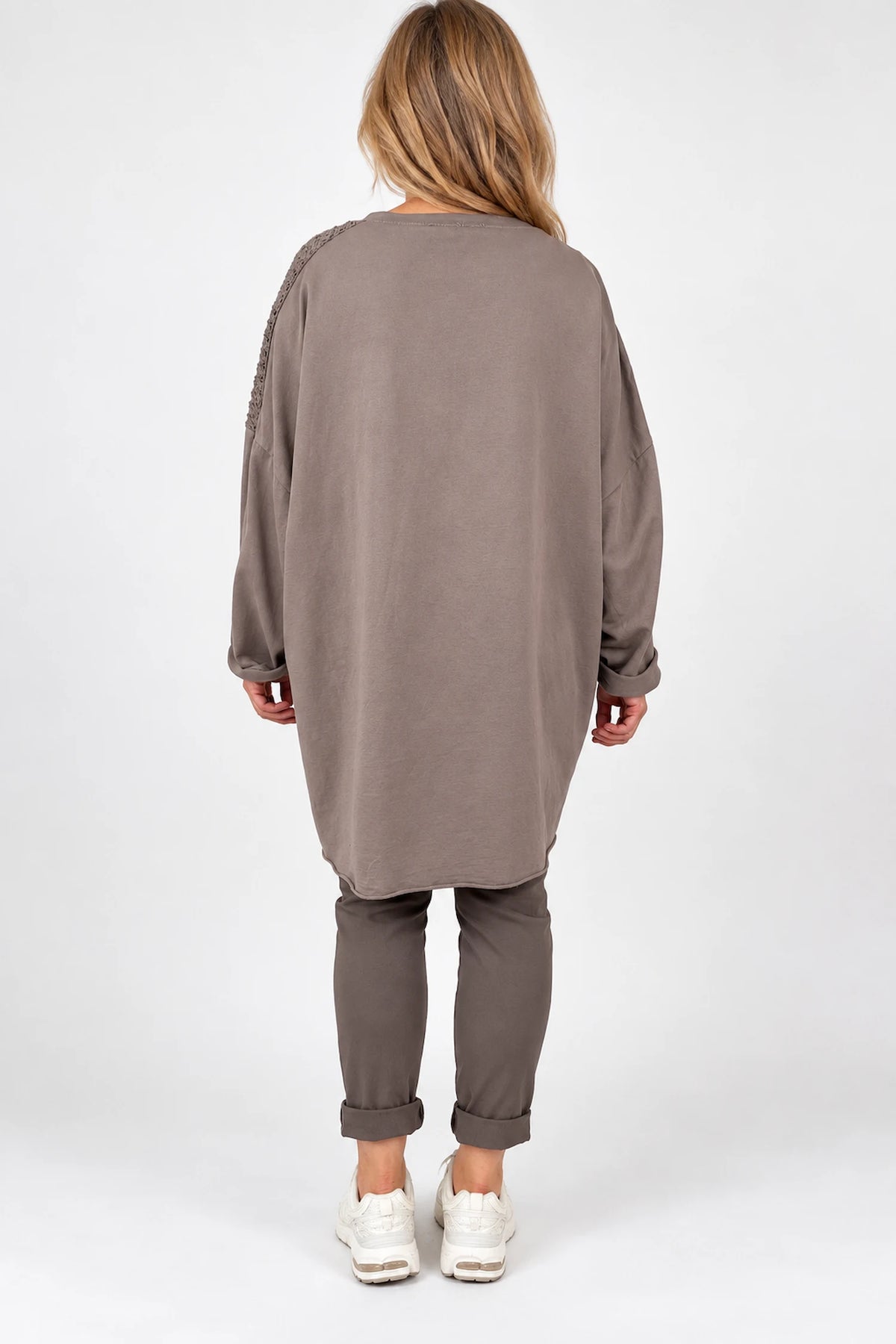 Cotton Raw Edge Hem Embroidery Anglaise Detail Crochet Shoulder Bellia Pocket Top - Mocha
