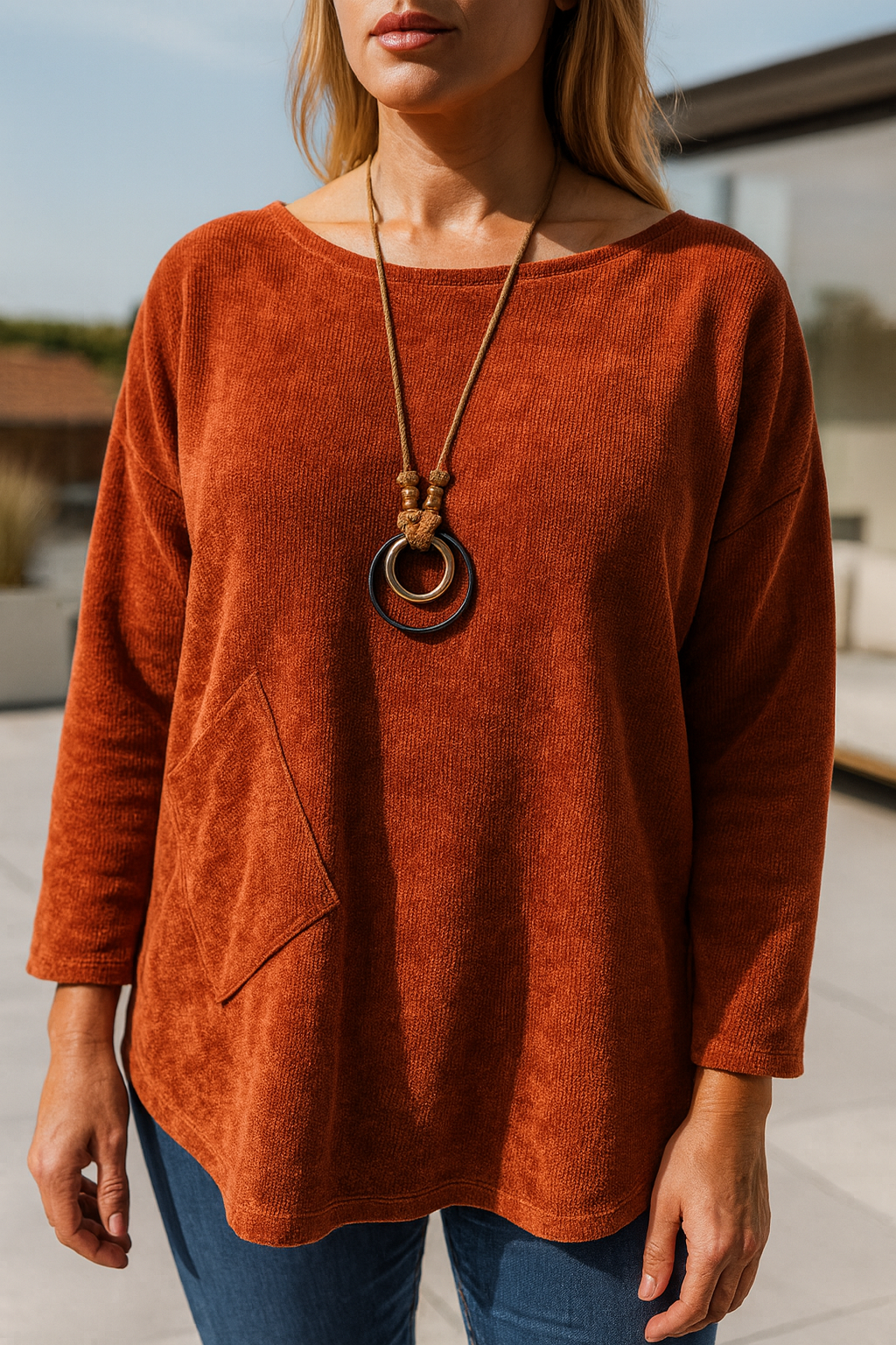 Chenille Paris Pocket Detail Necklace Top - Spice Terracotta