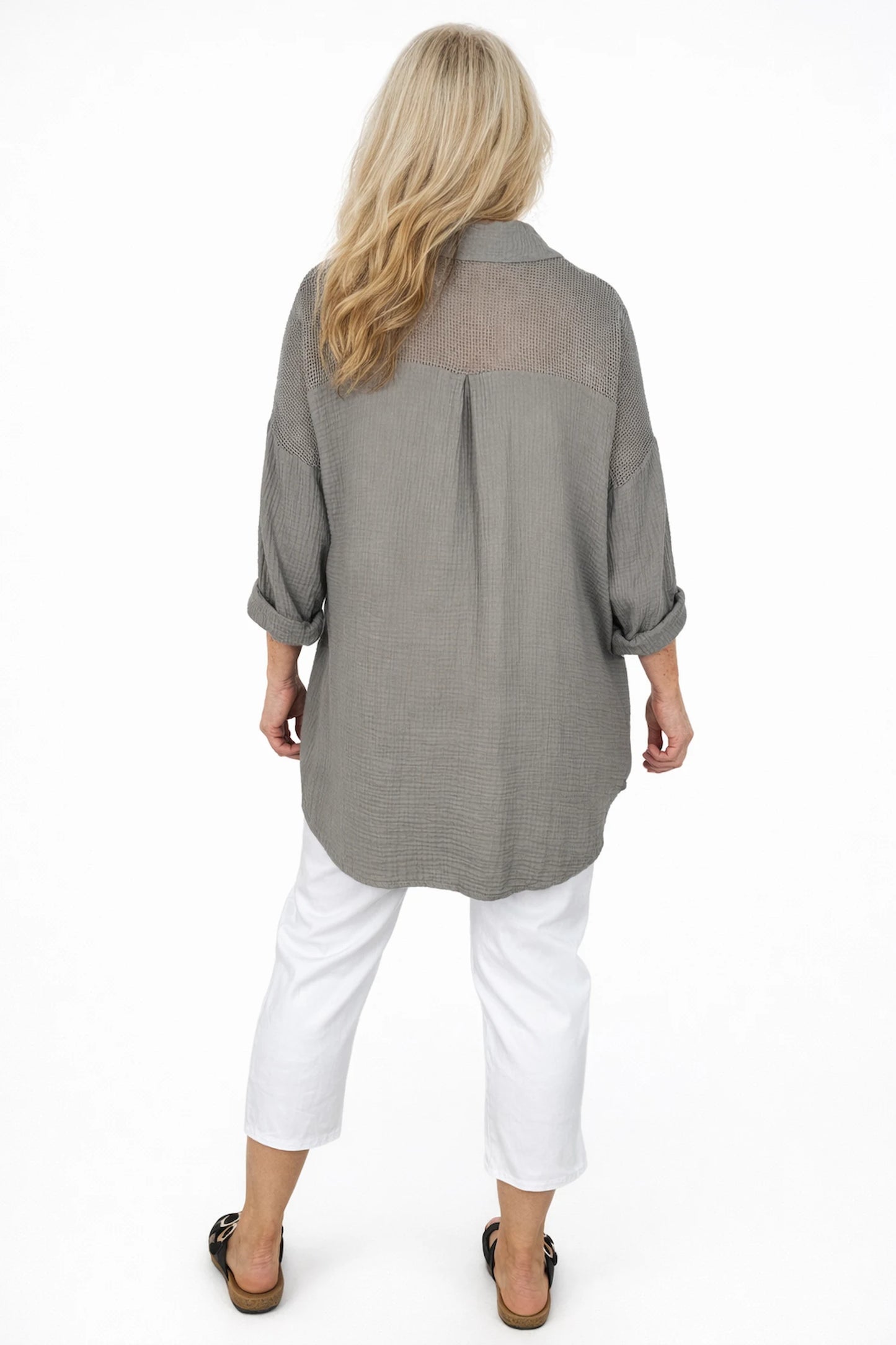 Pure Bubble Cotton Mesh Sleeve/Back Detail Celeste Button Shirt - Mocha
