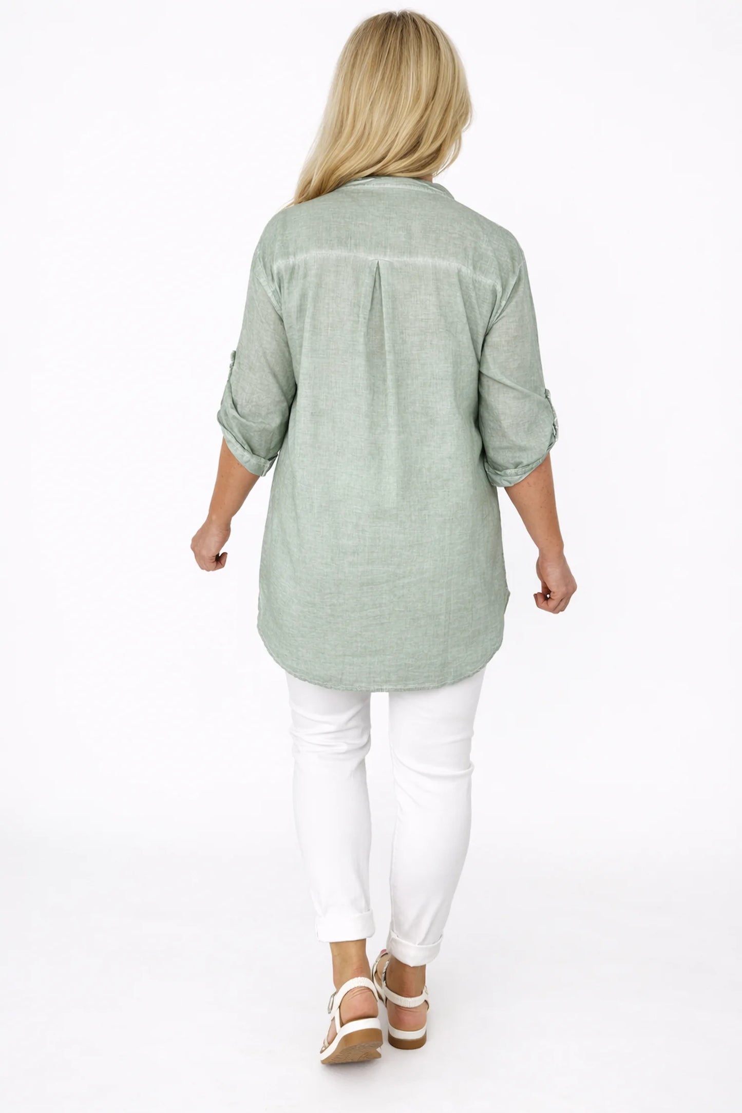 Cotton Button Sleeve Embroidery Anglaise Detail Tatiana Button Shirt - Washed Sage