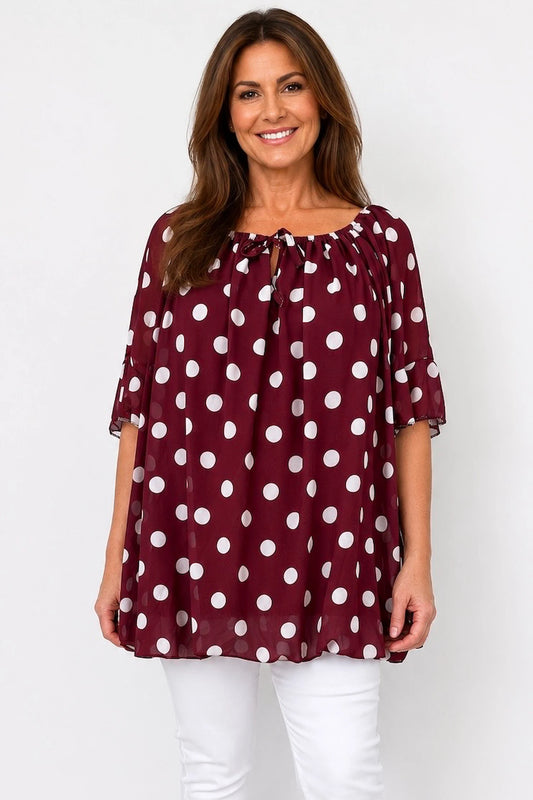 Tied Detail Fully Lined Polka Dot Elasticated Hem Francis Chiffon Top - Italia Wine